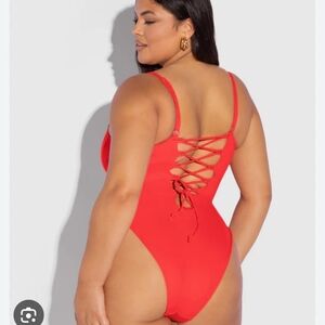 TA3 Hi Cut Pammy Red Women's One-Piece Swimsuit Lace Up Back